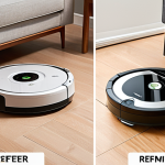 **Image:** A split-screen showing two robot vacuums. On one side, a sleek, modern iRobot Roomba navigating a clean, minimalist living room. On the other side, a less expensive, older model vacuum cleaner bumping into furniture in a cluttered room. **Prompt:** "A picture showing the difference between a high-end robot vacuum cleaner with smart navigation and a budget-friendly option."