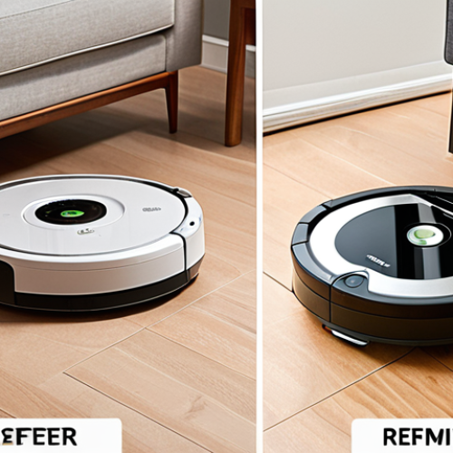 Home 4 **Image:** A split-screen showing two robot vacuums. On one side, a sleek, modern iRobot Roomba navigating a clean, minimalist living room. On the other side, a less expensive, older model vacuum cleaner bumping into furniture in a cluttered room. **Prompt:** "A picture showing the difference between a high-end robot vacuum cleaner with smart navigation and a budget-friendly option."
