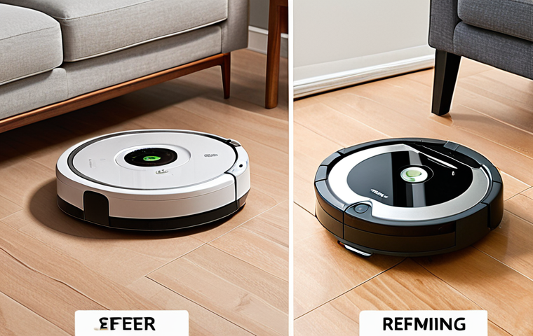 **Image:** A split-screen showing two robot vacuums. On one side, a sleek, modern iRobot Roomba navigating a clean, minimalist living room. On the other side, a less expensive, older model vacuum cleaner bumping into furniture in a cluttered room. **Prompt:** "A picture showing the difference between a high-end robot vacuum cleaner with smart navigation and a budget-friendly option."