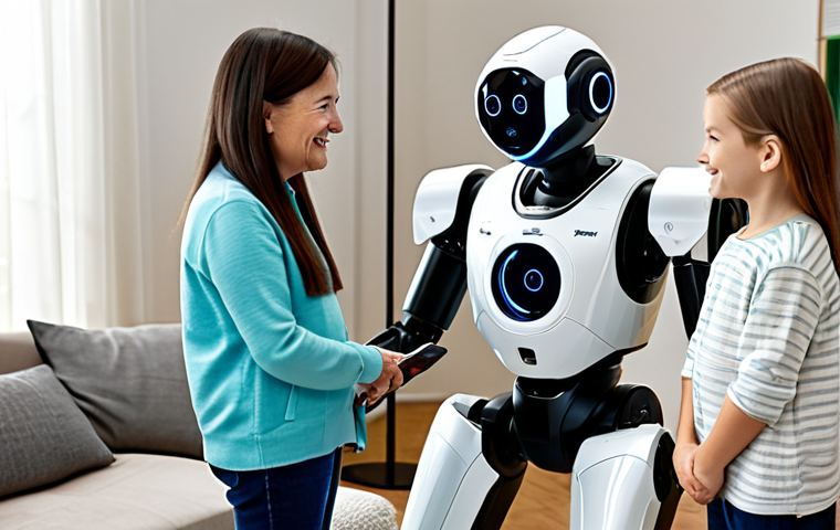 Family Communication**

"A modern family (parents and two children) interacting with a friendly-looking home robot in their living room. The robot is displaying a video call interface, connecting them with grandparents. The scene shows warmth and connection. Everyone is fully clothed in appropriate attire. Safe for work, appropriate content, professional, modest, family-friendly, perfect anatomy, correct proportions, natural pose, well-formed hands, proper finger count, natural body proportions, high quality."

**